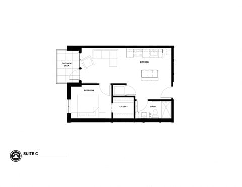 Floor plan for 1 bed, 1 bath, 649 sqft